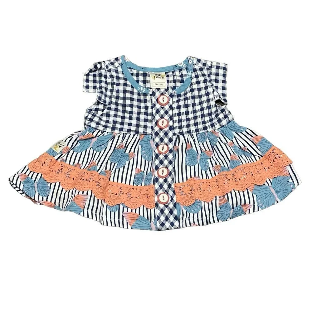 Wildflower Checkered and Striped Tunic Top or Dress Blue White Peach Sz 6 Months